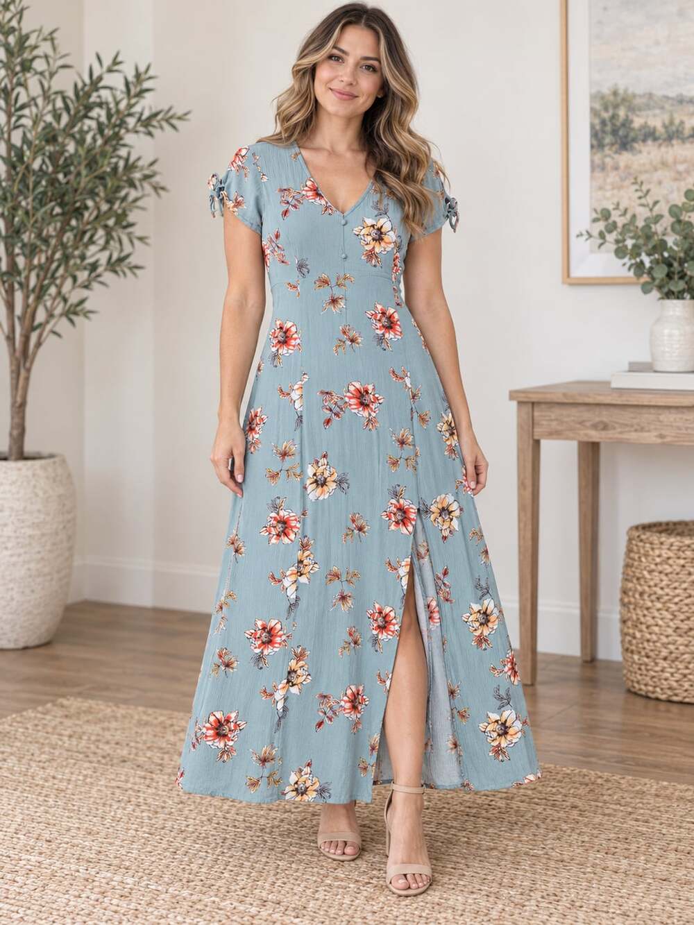 Hayden Los Angeles Floral Maxi Dress Sage Green Button Front Slit Size L